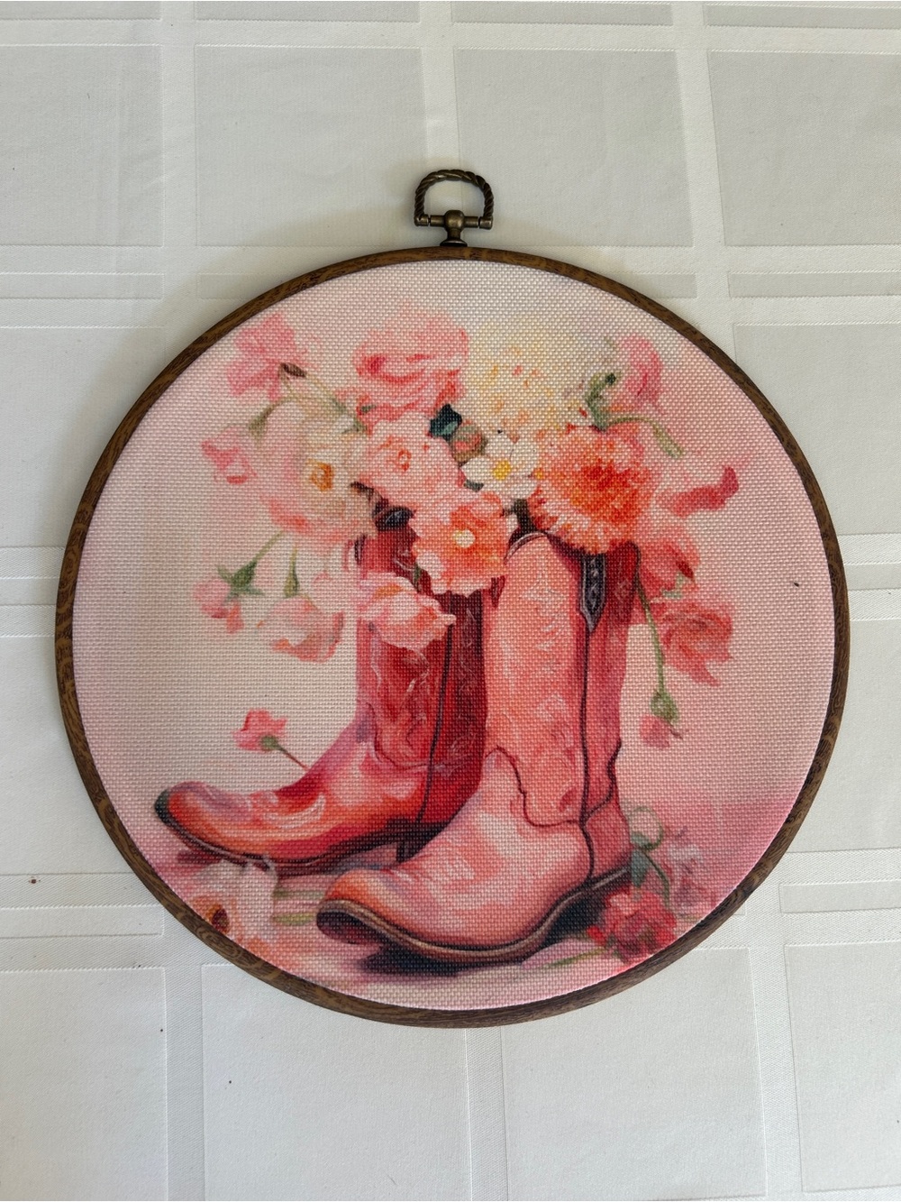 Pink Cowboy Boots Floral Hoop Wall Art
